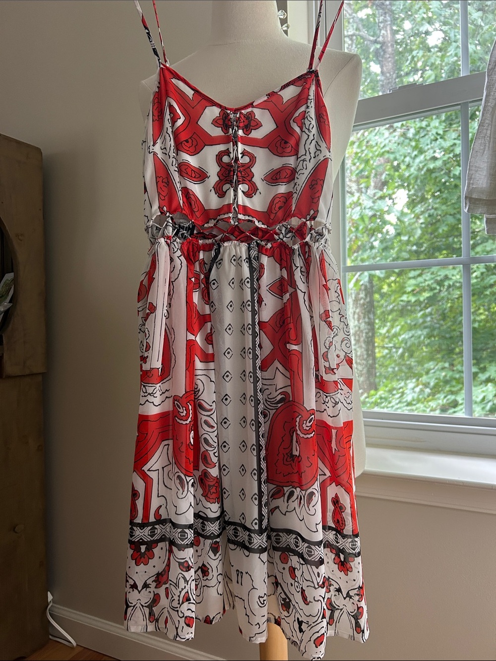 Red & White Bandana-Print Spaghetti-Strap Midi Dress
